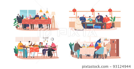 Set Of Happy Families Having Dinner Around Table With Food. African, Jewish, Arab And Asian Characters Mother, Father Set Of Happy Families Having Dinner Around Table With Food. African, Jewish, Arab And Asian Characters Mother, Father 93124944