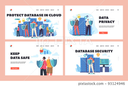 Database Protection Landing Page Template Set. People Hold Shields Protect Server, Online Cloud Service For Information Database Protection Landing Page Template Set. People Hold Shields Protect Server, Online Cloud Service For Information 93124946
