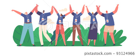 Happy Volunteers Team Rejoice. Joyful Male and Female Group From Social Charity Service Stand Together with Raised Arms 93124966