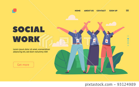 Social Work Landing Page Template. Joyful Volunteers Team Smiling with Hands Up. Happy Characters with Badges Charity 93124989