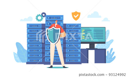 Database Safety Concept. Man Character Hold Shield Protecting Server Or Hard Disks. Secured App Or Online Service Database Safety Concept. Man Character Hold Shield Protecting Server Or Hard Disks. Secured App Or Online Service 93124992