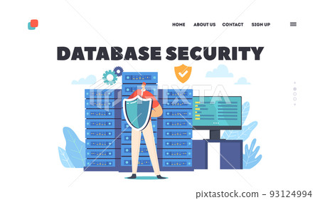 Database Security Landing Page Template. Man Character Hold Shield Protecting Server Or Hard Disks. Secured App Database Security Landing Page Template. Man Character Hold Shield Protecting Server Or Hard Disks. Secured App 93124994
