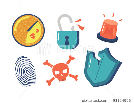 Set of Hacker Icons Radar, Broken Padlock, Siren, Finger Print, Cracked Shield, Skull with Bones Isolated on White Set of Hacker Icons Radar, Broken Padlock, Siren, Finger Print, Cracked Shield, Skull with Bones Isolated on White 93124996