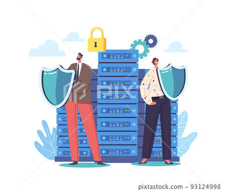 Information Protection Concept. Man and Woman Characters Guards Holding Shields Defend Server Rack Or Hard Disks Information Protection Concept. Man and Woman Characters Guards Holding Shields Defend Server Rack Or Hard Disks 93124998