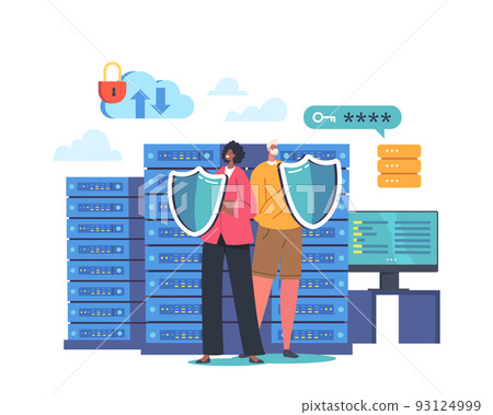 Concept Of Secured Database, Male And Female Guards Characters Holding Shields Protect Server Room Or Hard Disks 93124999