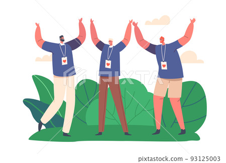 Happy Volunteers Team Rejoice Together on Nature Landscape. Group Of United Men From Donation Community, Social Charity 93125003