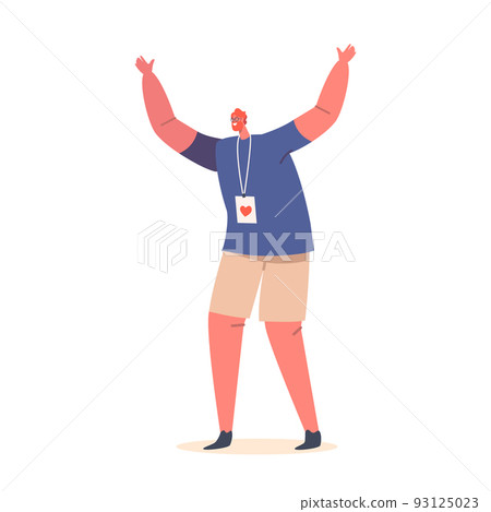 Volunteer Male Character Member Of Volunteering Charity Rejoice With Hands Up With Red Heart On Badge Isolated On White Volunteer Male Character Member Of Volunteering Charity Rejoice With Hands Up With Red Heart On Badge Isolated On White 93125023