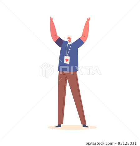 Volunteer Male Character Member Of Volunteering Charity Rejoice With Hands Up With Red Heart On Badge Isolated On White 93125031