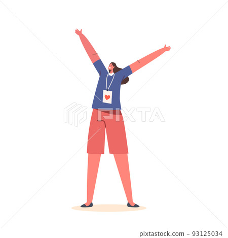 Woman Member of Volunteering Community, Foundation Service. Isolated Volunteer Female Character with Red Heart Badge 93125034