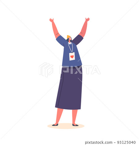 Young Woman Volunteer Feel Happiness Rejoice with Raised Hands. Female Character with Red Heart on Volunteering Badge 93125040