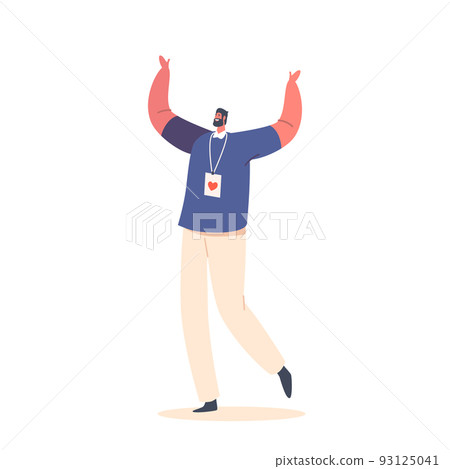 Man Altruist Foundation Service. Volunteer Male Character Volunteering Charity Member Rejoice with Hands Up with Badge 93125041