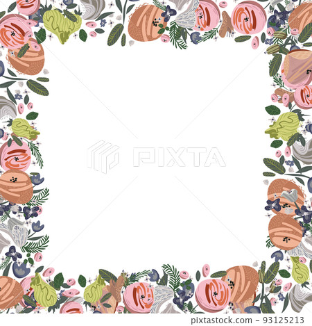 Vector floral frame. Roses and peonies arranged in border on white background 93125213