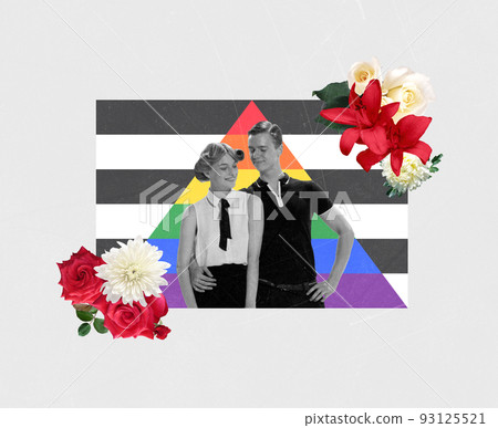 Creative colorful design. Conceptual image with loving cute couple, man and woman isolated over rainbow background. 93125521