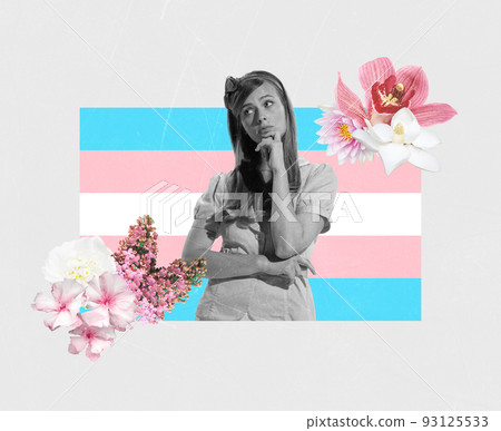 Creative colorful design. Conceptual image with beautiful young woman with thoughtful look isolated on multicolored background Creative colorful design. Conceptual image with beautiful young woman with thoughtful look isolated on multicolored background 93125533