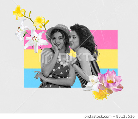 Creative colorful design. Conceptual image with two young, beautiful women flirty talking isolated on multicolored background 93125536