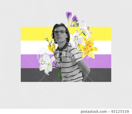Creative colorful design. Conceptual image of young man with attentive look isolated on multicolored background with flowers 93125539