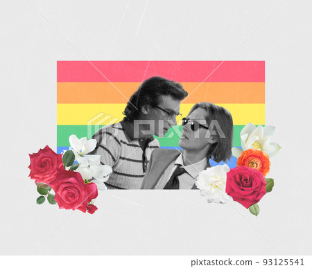 Creative colorful design. Conceptual image with two young men isolated over rainbow lgbtqia flag. Blooming love Creative colorful design. Conceptual image with two young men isolated over rainbow lgbtqia flag. Blooming love 93125541
