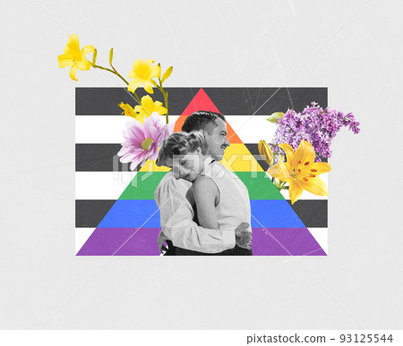 Creative colorful design. Conceptual image with loving couple, man and woman hugging isolated on rainbow background Creative colorful design. Conceptual image with loving couple, man and woman hugging isolated on rainbow background 93125544
