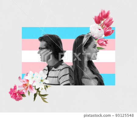 Creative colorful design. Conceptual image with young man and woman looking at different directions isolated on blue pink background 93125548