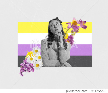 Creative colorful design. Conceptual image with beautiful young woman with tender dreamy look isolated on multicolored background 93125550