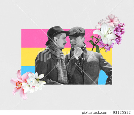 Creative colorful design. Conceptual image with two men in stylish autumn clothes isolated on multicolored background 93125552
