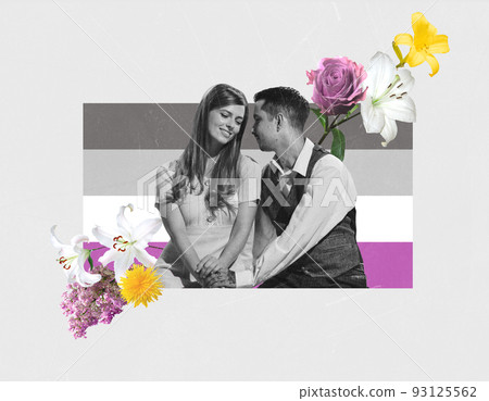 Creative colorful design. Conceptual image with man and woman, loving couple sitting on a date Creative colorful design. Conceptual image with man and woman, loving couple sitting on a date 93125562