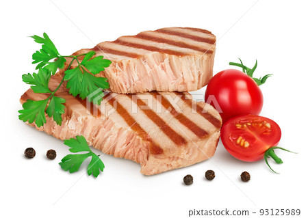 Tuna fish steak grilled isolated on white background with full depth of field Tuna fish steak grilled isolated on white background with full depth of field 93125989