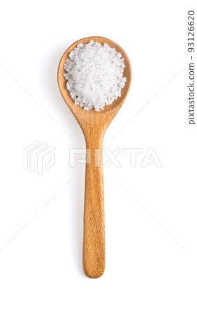 Salt in woodn spoon isolated on white background 93126620
