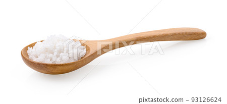 Salt in woodn spoon isolated on white 93126624