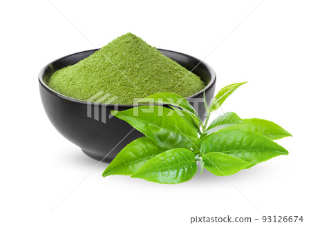 Matcha green tea in black bowl and leaves isolated on white Matcha green tea in black bowl and leaves isolated on white 93126674