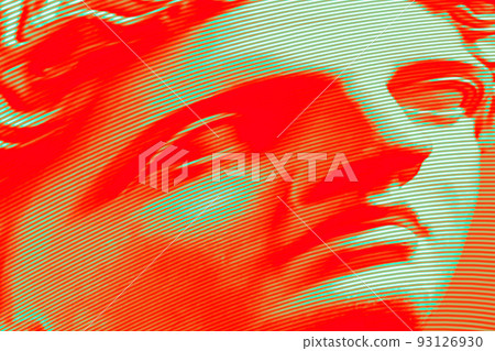Modern creative colored graphic sculpture with red background . Digital texture with antique statue head in glitch style. Contemporary art poster. Funky unusual design. Fashion aesthetic culture. 93126930