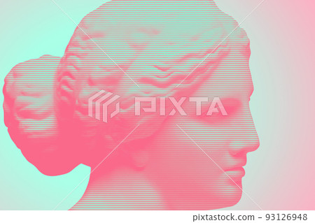 Antique sculpture of human face in artificial intelligence crypto art style. Modern creative concept image with ancient statue head. Contemporary neural network art poster. Funky punk collage design. Antique sculpture of human face in artificial intelligence crypto art style. Modern creative concept image with ancient statue head. Contemporary neural network art poster. Funky punk collage design. 93126948
