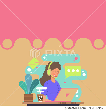 Lady Call Center Illustration With Headphones And Computer Speech Balloon Showing Message, Woman Using Laptop Earphones With Conversation Bubble Presenting Explanation. Lady Call Center Illustration With Headphones And Computer Speech Balloon Showing Message, Woman Using Laptop Earphones With Conversation Bubble Presenting Explanation. 93126957