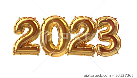 3D Render of Golden inflatable foil balloons. Party 2023 decoration figures. Yellow numbers isolated on white background. New year celebration postcard. Graphic elements for Xmas design. Happy holiday 3D Render of Golden inflatable foil balloons. Party 2023 decoration figures. Yellow numbers isolated on white background. New year celebration postcard. Graphic elements for Xmas design. Happy holiday 93127365