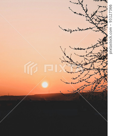 Bright sunset in spring, Germany. Windy. 93127366