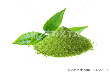 Instant matcha green tea with leaf on white Instant matcha green tea with leaf on white 93127393