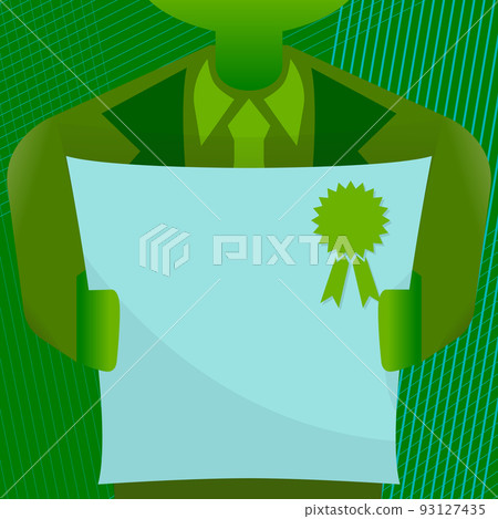 Child In Suit Holding Blank Paper Sheet With Stamp And Ribbons. Hands Showing Plain Piece Of Paper With Space For Text. Official Charter In Palms. 93127435