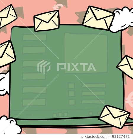 Composing Letter Idea, Listing Text Documents, Presenting Writing Tools, Selling Materials. Checklist Table Surrounded With Envelops And Clouds 93127471