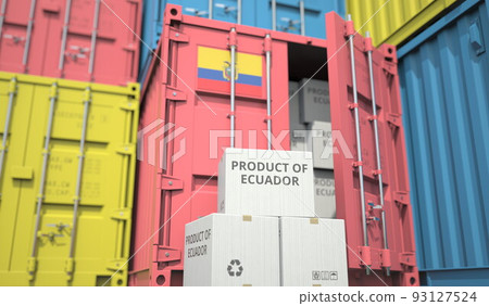 Boxes with goods from Ecuador and cargo containers. National economy related conceptual 3D rendering 93127524