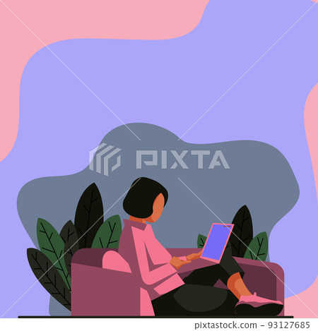 Lady Drawing Sitting Back On Sofa Using Laptop. Woman Relaxing And Laying Down On A Large Foam Pillow While Browsing Portable Computer. Lady Drawing Sitting Back On Sofa Using Laptop. Woman Relaxing And Laying Down On A Large Foam Pillow While Browsing Portable Computer. 93127685