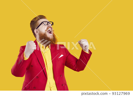 Crazy happy stylish bearded chubby man laughing out loud rejoicing in his success. 93127969