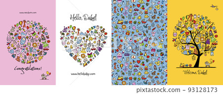 Newborn baby concept art collection. Birthday cards. Frame, heart shape, tree, background. Set for your design project. Vector illustration Newborn baby concept art collection. Birthday cards. Frame, heart shape, tree, background. Set for your design project. Vector illustration 93128173