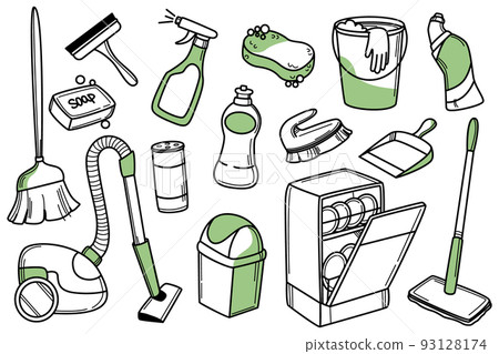 Cleaning supplies doodle icons Cleaning supplies doodle icons 93128174