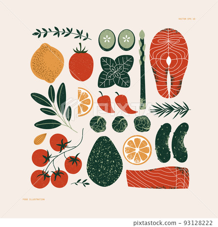 Healthy eating ingredients. Salmon and vegetables. Keto food. Tomato and herbs. Vector illustration Healthy eating ingredients. Salmon and vegetables. Keto food. Tomato and herbs. Vector illustration 93128222