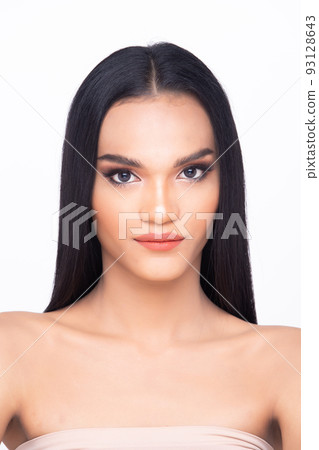 Beautiful fresh skin woman open shoulder with clean look make up and long black hair. Portrait young girl in attractive natural fashion face express feel smile, show eye lip, isolated white background Beautiful fresh skin woman open shoulder with clean look make up and long black hair. Portrait young girl in attractive natural fashion face express feel smile, show eye lip, isolated white background 93128643