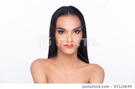 Beautiful fresh skin woman open shoulder with clean look make up and long black hair. Portrait young girl in attractive natural fashion face express feel smile, show eye lip, isolated white background Beautiful fresh skin woman open shoulder with clean look make up and long black hair. Portrait young girl in attractive natural fashion face express feel smile, show eye lip, isolated white background 93128644