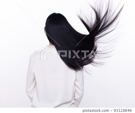 Black Straight Long Black Hair woman throw fly in air with fashion stylish and fun joy. Female turn back wear white shirt express emotion happy by blow wind hair, isolated white background 93128646