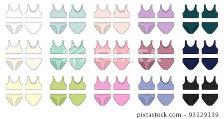 Set of bra and knickers technical sketch. Two-piece swimsuit collection. Women's underwear design templat. 93129139
