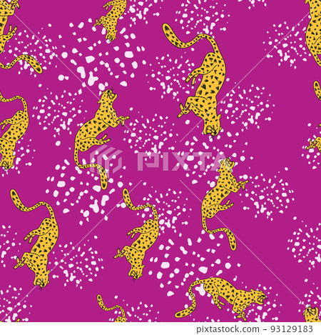 Decorative seamless pattern with doodle cute leopard. Hand drawn cheetah endless wallpaper. Decorative seamless pattern with doodle cute leopard. Hand drawn cheetah endless wallpaper. 93129183