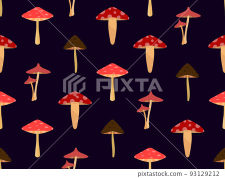 Seamless pattern with mushrooms on black background. Various mushrooms, edible and toadstools. Hallucinogenic fly agaric. Design for banners and promotional items. Vector illustration 93129212